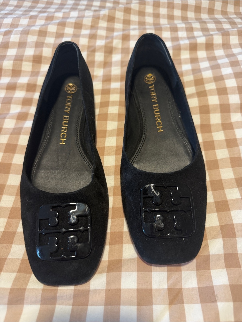 Tory Burch Black Suede Logo Square-Toe Flats